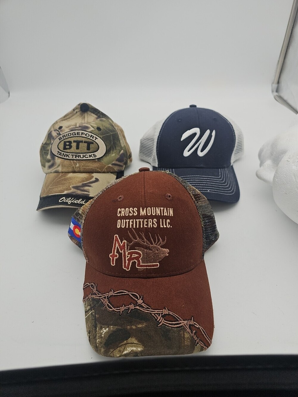 Lot of 3 Red & White Trucker Hats One Size Adjustable Mesh Back Snap